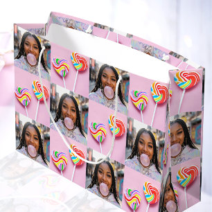 Sacola Para Presentes Grande Colagem de Fotos Personalizada Retro Moderna Tendê