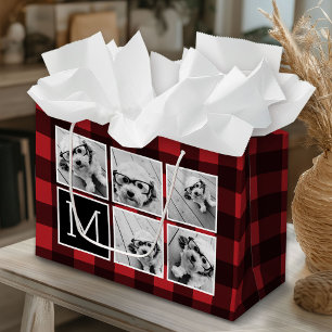 Sacola Para Presentes Grande Colagem de Fotos - Xadrez de Búfalos Vermelho Mono