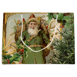 Sacola Para Presentes Grande Colagem de Natal do Velho Mundo do Papai Noel Verd