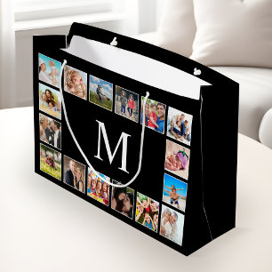 Sacola Para Presentes Grande Colagem Personalizada de Fotos da Família em Preto