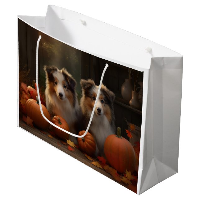 Sacola Para Presentes Grande Collie Puppy Autumn Delight Pumpkin (Frente inclinada)