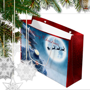 Sacola Para Presentes Grande Comboio Papais noeis de Natal Feliz Foil Vermelha