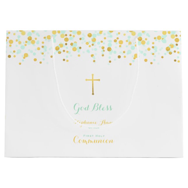 Sacola Para Presentes Grande Communion Mint e Dourado Confetti (Frente)