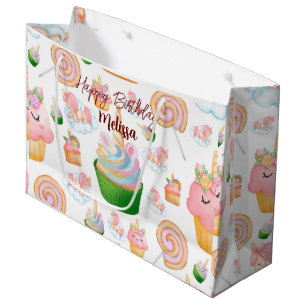 Sacola Para Presentes Grande Cor d'água Cinta Cor Rosa Unicórnio do Cupcake de