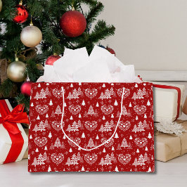 Sacola Para Presentes Grande Coração e Árvore de Natal Escandinavos Vermelhos e