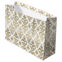 Sacola Para Presentes Grande Corações Brancos e Dourados Elegantes Damask do Di