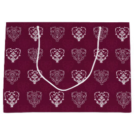 Sacola Para Presentes Grande Corações de Vinho Roxo e Prata Padrão