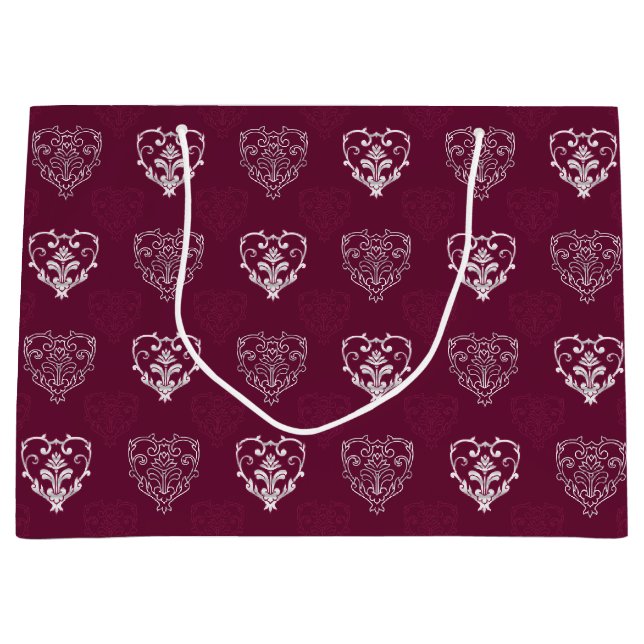 Sacola Para Presentes Grande Corações de Vinho Roxo e Prata Padrão (Frente)