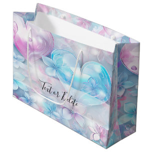 Sacola Para Presentes Grande Corações e Flores de Aqua Rosa, Saco-Presente