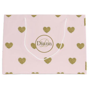 Sacola Para Presentes Grande Corações elegantes Nome do Monograma Rosa Esmagado