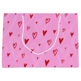 Sacola Para Presentes Grande Corações vermelhos bonitos em fundo rosa