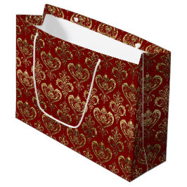 Sacola Para Presentes Grande Corações Vermelhos e Dourados Elegantes Damask do 