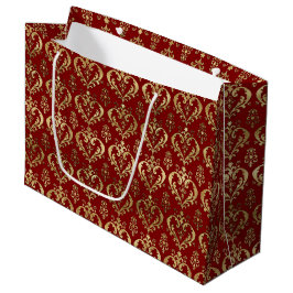 Sacola Para Presentes Grande Corações Vermelhos e Dourados Elegantes Damask do 