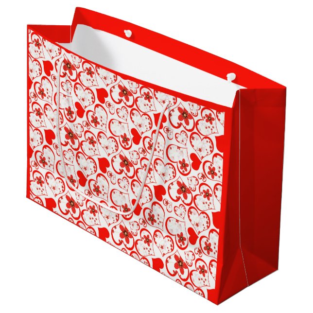 Sacola Para Presentes Grande Corações vermelhos e flores em branco (Frente inclinada)