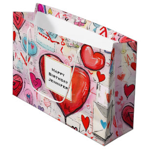 Sacola Para Presentes Grande Corações Whimsical e Letras de Amor Padrão Anivers