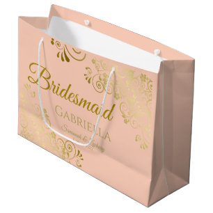 Sacola Para Presentes Grande Coral Peach e Dourada ponte Elegante