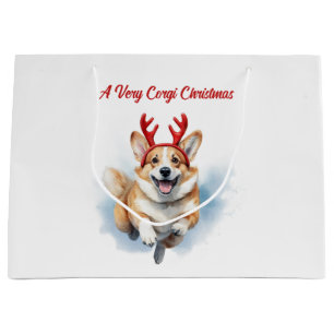 Sacola Para Presentes Grande Corgi de Natal com galhadas de Reindeer saltando