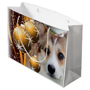 Sacola Para Presentes Grande Corgi do feriado com bulbos