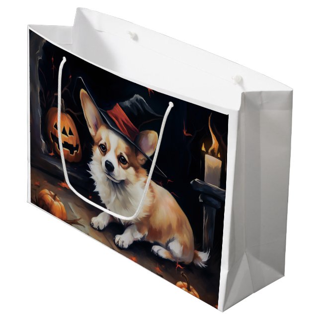 Sacola Para Presentes Grande Corgi Pumpkins Halloween Scary (Frente inclinada)