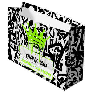 Sacola Para Presentes Grande Coroa de Grafite Verde Preto Aniversário Obrigado