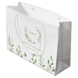 Sacola Para Presentes Grande Coroa de monograma de casamento com aguarela verde