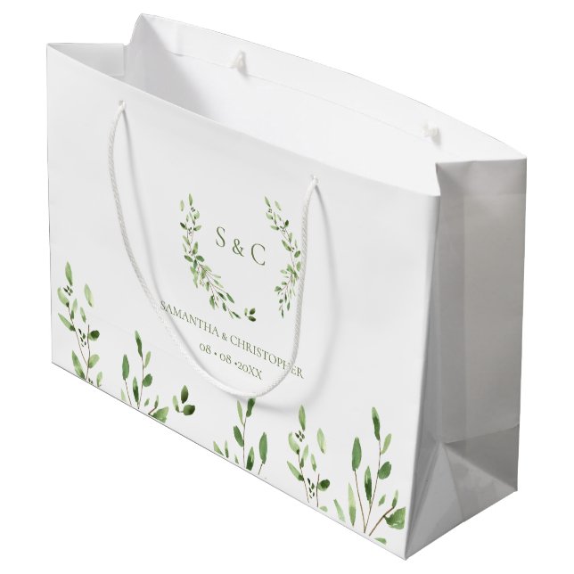 Sacola Para Presentes Grande Coroa de monograma de casamento com aguarela verde (Verso inclinado)