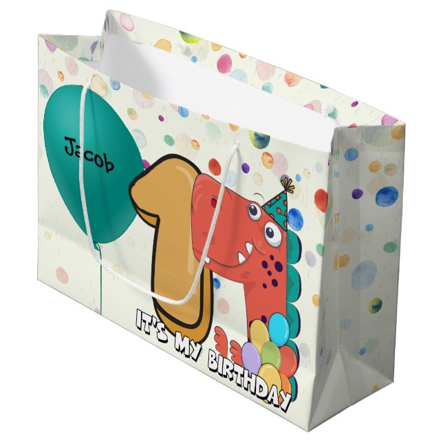 Sacola Para Presentes Grande Costume do dinossauro do primeiro aniversario do (Frente inclinada)