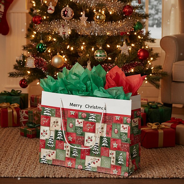 Sacola Para Presentes Grande Country patchwork christmas pattern (Criador carregado)