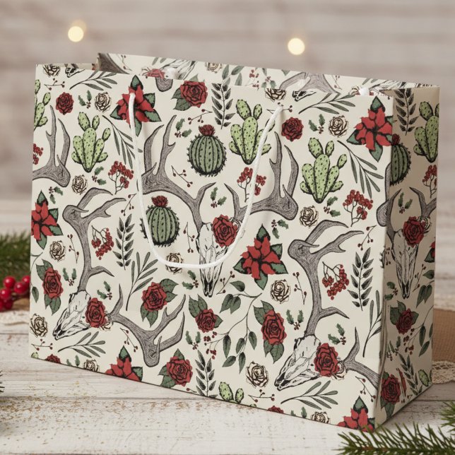Sacola Para Presentes Grande Country Western Christmas Floral Reindeer Skull (Red Green Country Christmas Gift Bags. Reindeer Skull, Poinsettias, Red Berries, Roses Xmas Pattern)