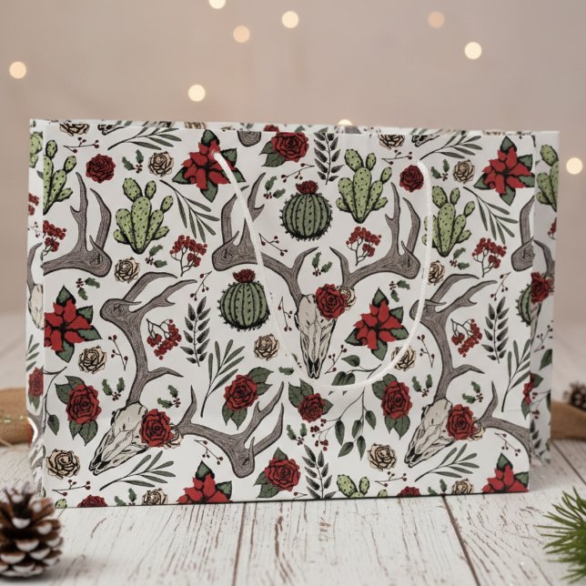 Sacola Para Presentes Grande Country Western Christmas Floral Reindeer Skull (Vintage Country Christmas Gift Bags. Reindeer Skull, Poinsettias, Red Berries, Roses Xmas Pattern)