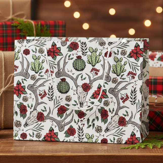 Sacola Para Presentes Grande Cowgirl Christmas Floral Reindeer Skull (Country Xmas Gothic Reindeer Skulls, Roses, Succulents, Cacti, Berries Western Christmas Gift Bags)