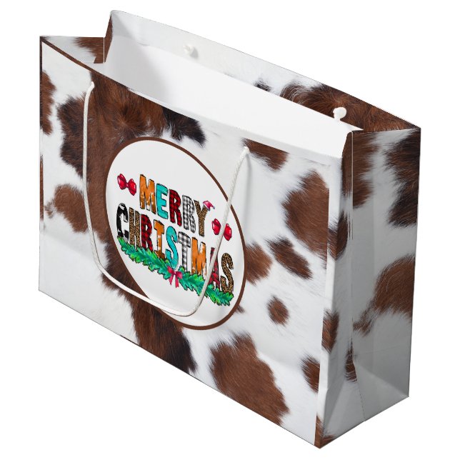 Sacola Para Presentes Grande Cowhide Brown White Feliz Natal (Frente inclinada)