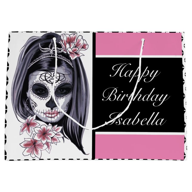 Sacola Para Presentes Grande Crânio de Açúcar Personalizado (Frente)