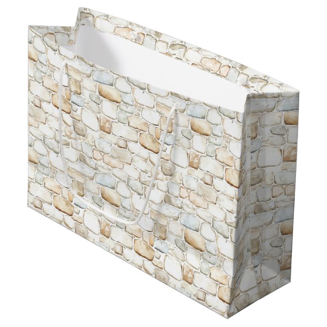 Sacola Para Presentes Grande Cream White Grey Faux Stones Birthday (Frente inclinada)