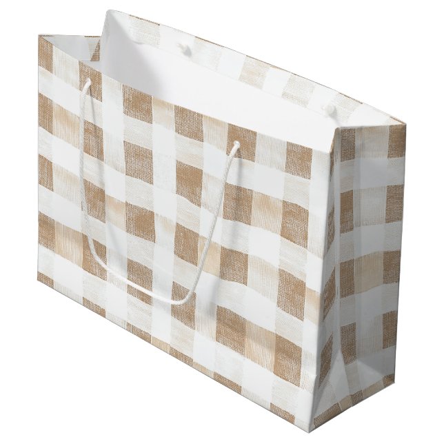 Sacola Para Presentes Grande Cream White Plaid Stripes Birthday (Frente inclinada)