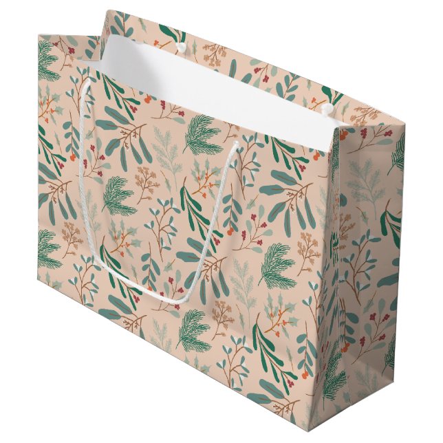 Sacola Para Presentes Grande Cream Winter Botanical Patterno (Frente inclinada)