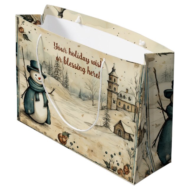 Sacola Para Presentes Grande Crie seu próprio Snowman no vilarejo da cidade (Verso inclinado)