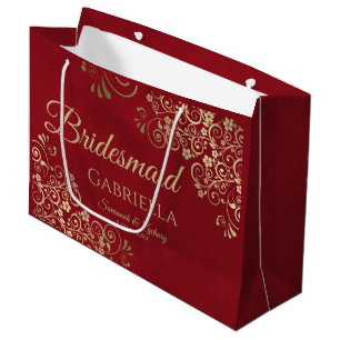 Sacola Para Presentes Grande Crimson Red & Dourado Lace Elegante Bridesmaid