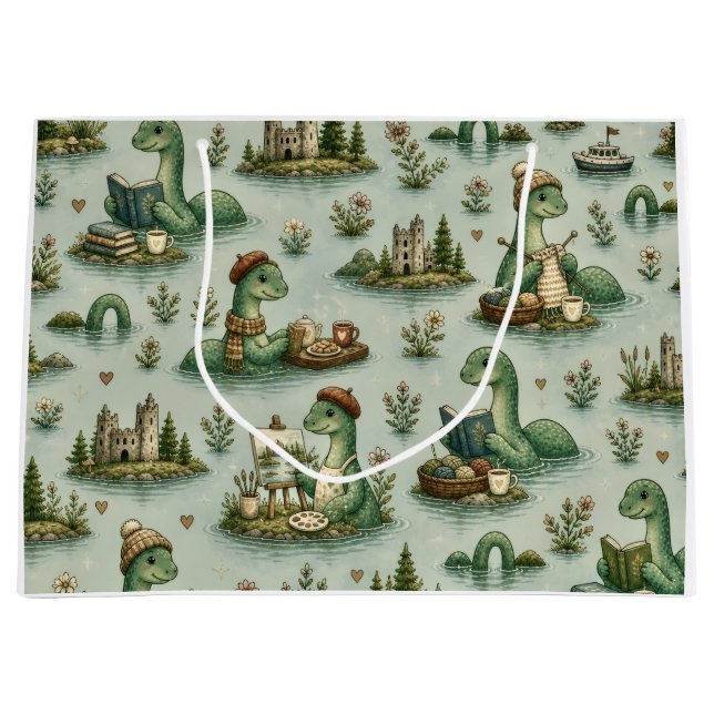Sacola Para Presentes Grande Críptidos Aconchegantes Nessie Monstro do Lago Nes (Frente)