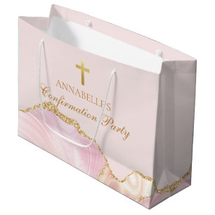 Sacola Para Presentes Grande Cruz Cristã Elegante em Rosa e Ouro