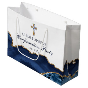 Sacola Para Presentes Grande Cruz de Confirmação Elegante Azul Marinho Dourado