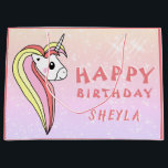 Sacola Para Presentes Grande Cujo Rainbow Unicorn Glitter Birthday Kids Name<br><div class="desc">Um belo Arco-Íris, cor-de-rosa, brilha, crianças felizes de aniversário dão nome a um pequeno saco de presentes. A design tem uma cabeça de unicórnio com um mane arco-íris colorido em um fundo brilhante rosa. Personalize com seu nome e faça um saco especial de presente pessoal para o aniversário de uma...</div>