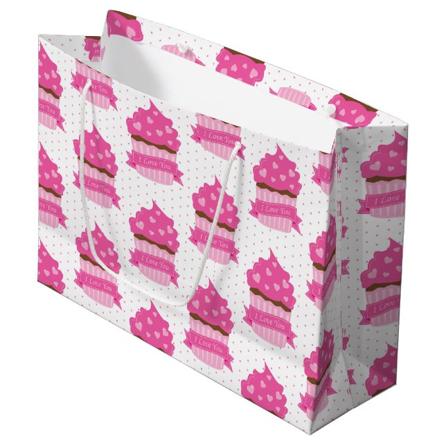 SACOLA PARA PRESENTES GRANDE CUPCAKES DE DIA DE OS NAMORADOS DE TINTA CUTA (Frente inclinada)