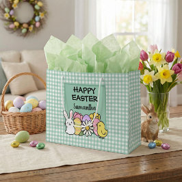 Sacola Para Presentes Grande Custom Happy Easter Bunny Chick Green Gingham