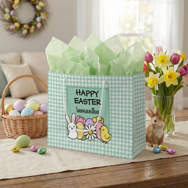 Sacola Para Presentes Grande Custom Happy Easter Bunny Chick Green Gingham (Criador carregado)