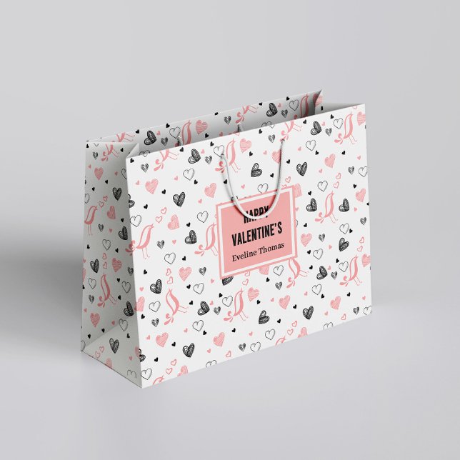 Sacola Para Presentes Grande Custom Name Pink Black Hearts Simple Valentine  (Custom Name Pink Black Hearts Simple Valentine Gift Bag

)