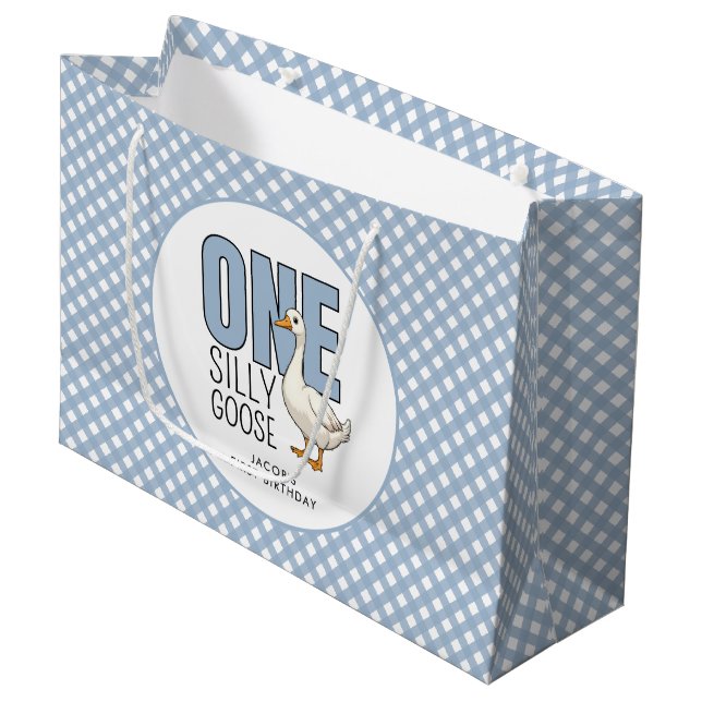 Sacola Para Presentes Grande Custom One Silly Goose 1st Birthday Plaid Pattern (Frente inclinada)