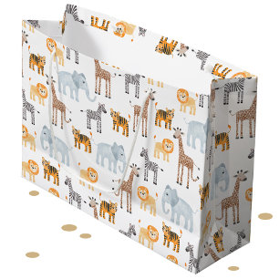 Sacola Para Presentes Grande Cute Baby Safari Animal Watercolor Patterno