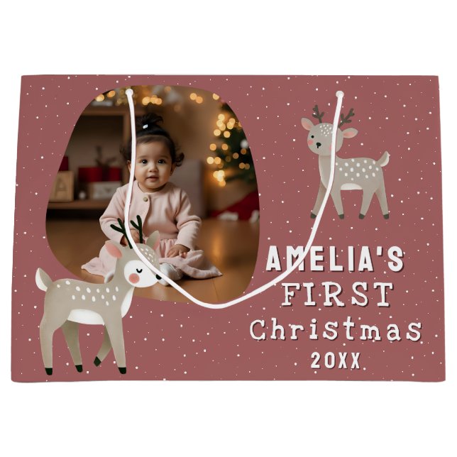 Sacola Para Presentes Grande Cute Baby's 1st Christmas Photo Reindeer (Frente)