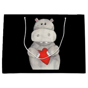 Sacola Para Presentes Grande Cute Hippopotamus Segurando Coração Love Hippo